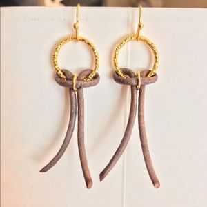 HAND CRAFTED Khaki Tan Round Leather Bow Minimalistic Boho Earrings 2 1/4 “ long